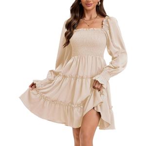 Women's Square Neck Fall Long Sleeve Shirred Smocked Ruffle Hem A Line Flowy Swing Party Mini Dress (Beige, XS)