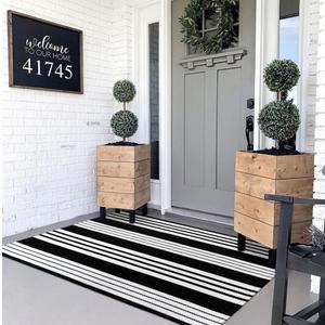 Tiveney 3x5 Black and White Outdoor Rug, Washable Reversible Outdoor Rugs Front Door Mat, Striped Cotton Woven Layered Doormats for Entryway Patio Porch Farmhouse Decorations