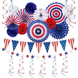 Fourth of July Decorations Red White Blue Decorations Set of Paper Fans, USA Flag Pennant Bunting, Pom Poms, Hanging Swirls, Star Streamer, Head Bopper for Memorial Day Veterans Decor