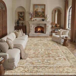 9x12 Area Rug for Living Room, Washable Non Slip Vintage Distressed Large Rugs,Low Pile Ultra-Thin Indoor Carpet for Bedroom Dining Home Decor Office Beige Brown