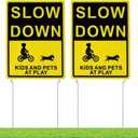Kichwit Slow Down Kids and Pets at Play Yard Signs with Metal Stakes, 16 x 12 Inches/25.7 Inch High, 2 Pack Double Sided Children at Play Safety Signs for Street