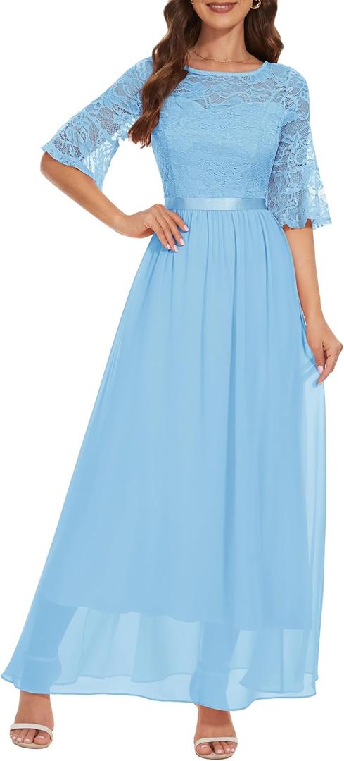 Wedtrend Women's Formal Dresses 2025 Wedding Guest Dress Bell Sleeve Bridesmaid Dresses Maxi Evening Dress (Medium, Light Blue)