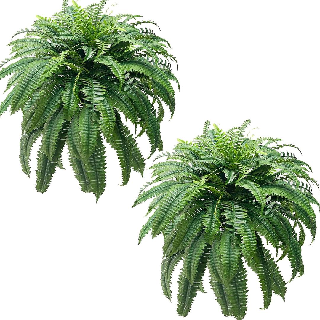 2pcs 48'' Fake Ferns Artificial Plants, 88 Branches Large Artificial Ferns for Outdoors Faux Boston Fern Bush, Realistic Uv Resistant Artificial Faux Fern Hanging Plants for Home Decor