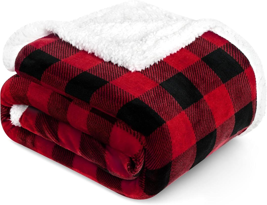PAVILIA Buffalo Check Sherpa Blanket Throw Queen,Red Black Checkered Flannel Fleece Blanket,Christmas Plaid Warm Plush Microfiber Blanket for Couch Sofa,90x90 Inches