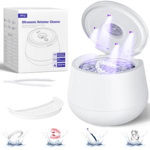 45kHz Ultrasonic Retainer Cleaner, 200ML Dental Cleaning Pod for Dentures, Mouth Guards, Braces, Aligner, Toothbrush Jewelry and More, UV Denture Cleaner with 4 Modes & Digital Timer - White