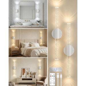 White Rechargeable Wall Sconces Set of 2, White Battery Operated Wall Sconce Set with Remote & Touch, Wireless Wall Sconces Set of Two for Bathroom Bedroom Living Room Decor