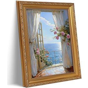 Vintage Glod Framed 3D Texture Coastal Floral Wall Art Mediterranean Beach Painting Picture Wall Decor Open Window Flower Poster Print Artwork for Bedroom Girls' Room Bathroom Home Decoration