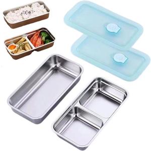 Stainless Steel Snack Containers, 2 Pcs Reusable Food Storage Containers with Lids, Condiment Container, Grab and Go Snack Containers for Snacks,Dips,Lunch,Travel and Outdoor Camping (Large, 2 grid+1 grid)