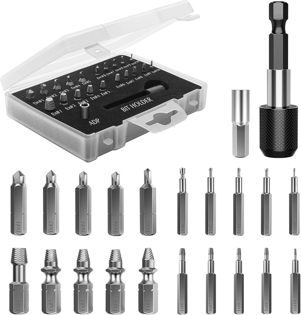 Nuovoware Damaged Screw Extractor Set, 22 PCS Easy Out Stripped Screw Extractor Kit, All-purpose HSS Broken Screw Remover Set with Magnetic Extension Bit Holder & Socket Adapter