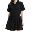 YEXPINE Women's Button Down Pleated Shirt Dress Short Sleeve Corset Waist Striped Summer Causal Mini Dresses Black M