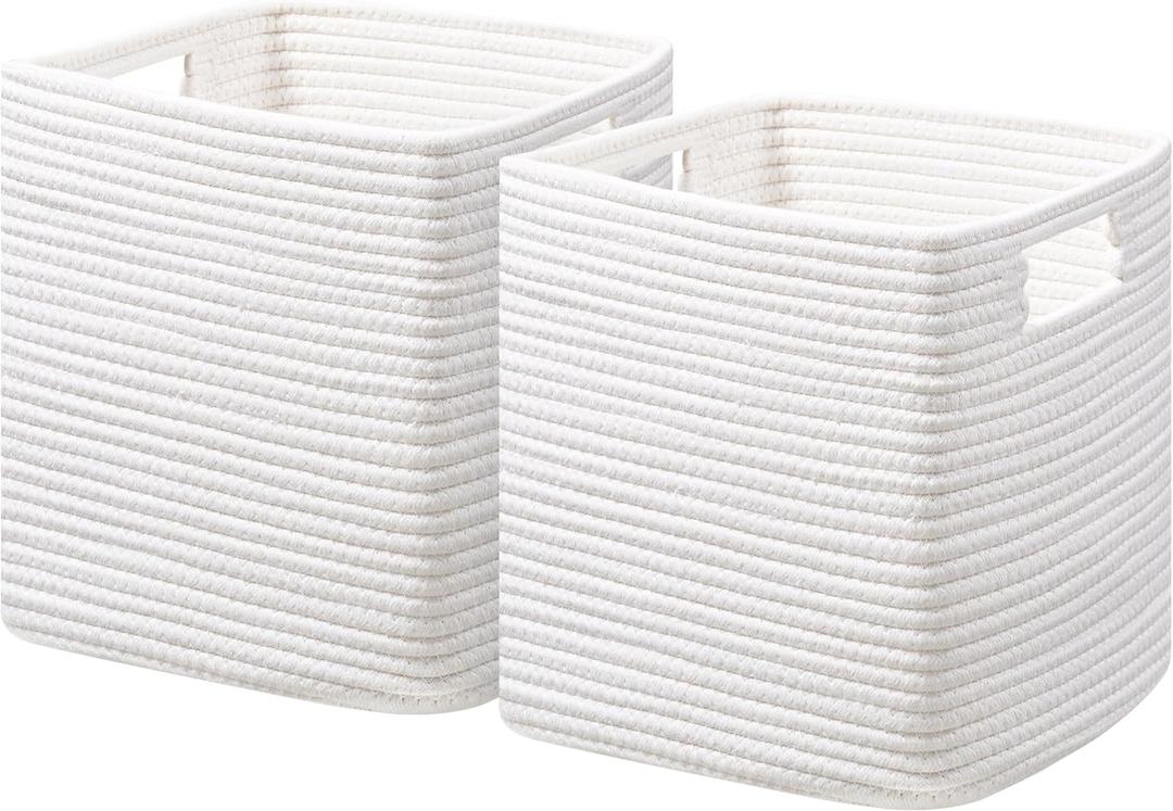 UBBCARE Storage Cubes 11 Inch, Cotton Rope Woven Baskets for Organizing, Cube Storage Bin for Baby Nursery, 2-Pack Square Toy Storage Baskets for Shleves Organizer, Closet, Kidsroom, White