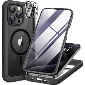 Miracase Magnetic for iPhone 15 Pro Case Full-Body Phone Case with Built-in Glass Screen Protector & Camera Protector, [Compatible with MagSafe] Military Drop Proof 15 Pro Cover Bumper 6.1 inch, Black