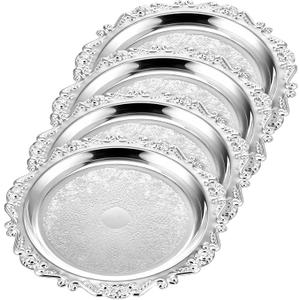 4 Pcs Silver Serving Tray 10-Inch Elegant Vintage Floral Round Metal Plate Silver Platter for Buffet Wedding Party Jewelry Decorative