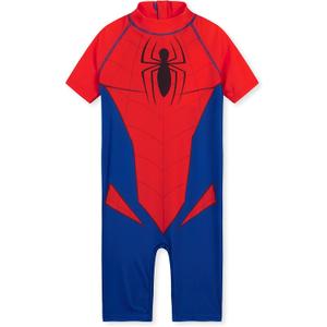 Marvel Rash Guard Swimsuit, Summer Vacation Essentials for Kids, Children's Swimwear Full Body Beachwear (3-4T, Red/Blue Spiderman)