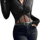 SHENHE Women's Twist Front Long Sleeve Top V Neck Mesh Slim Fit Fall Going Out Night Party Shirt, Medium