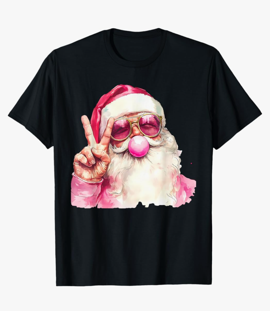 Retro Pink Santa Blowing Bubble Gum Funny Merry Christmas T-Shirt