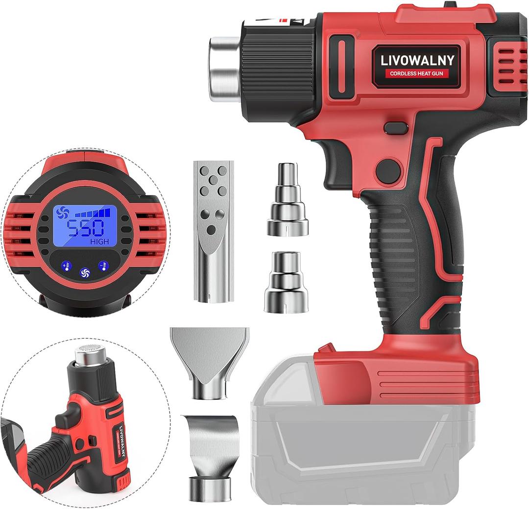 LIVOWALNY Cordless Heat Gun Compatible with Milwaukee 18V Battery, 350W 122~1202 (50-550) Variable Temperature Control Hot Air Gun with LCD Digital Display for Shrink Tubing, Crafts (No Battery)