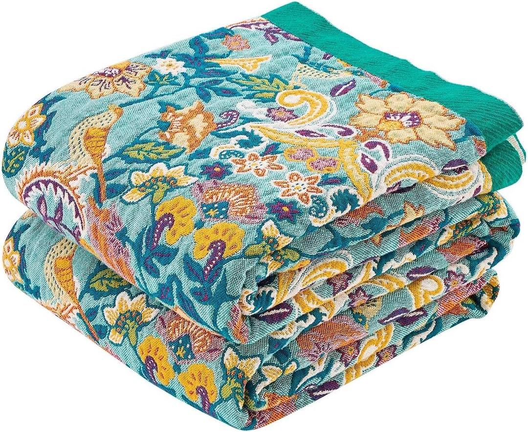 XIBLC Boho Blanket Throw Quilt, 100% Cotton Soft Light Weight Throw Blankets for Summer, 80"x90" Farmhouse Flower Decorative Blankets, All Season Rustic Reversible Bohemian Throw Quilt