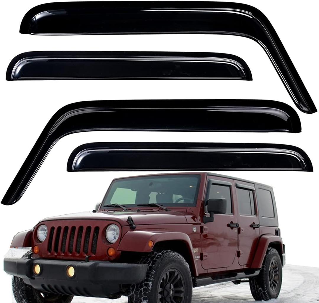 Lightronic Extra Durable Outside-Mount Auto Vent Window Visor, Fit 2007-2017 Jeep Wrangler Unlimited, 2018 Wrangler JK Unlimited, 4-Door, UV-Protect Rain Guard, Original Wind Deflector, Smoke, 4-Pcs