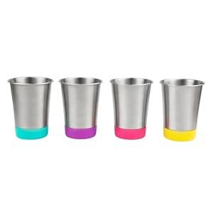 Elk and Friends Stainless Steel Kids + Toddler Drinking Cups | 12oz Tumblers with Colored Base | Durable + Stackable | Travel, Camping + Outdoors | Dishwasher Safe | 4 Pack