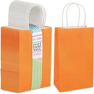 BLUE PANDA 25-Pack Orange Gift Bags with Handles - Small Paper Treat Bags for Birthday, Wedding, Retail (5.3x3.2x9 In)