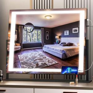 Hasipu Vanity Mirror with Lights, 24.2" x 19.7" LED Makeup Mirror, Light up Mirror with 10X Magnification and USB, Phone Holder, Smart Touch 3 Colors Dimmable, 360 Rotation (Right Angle Black)