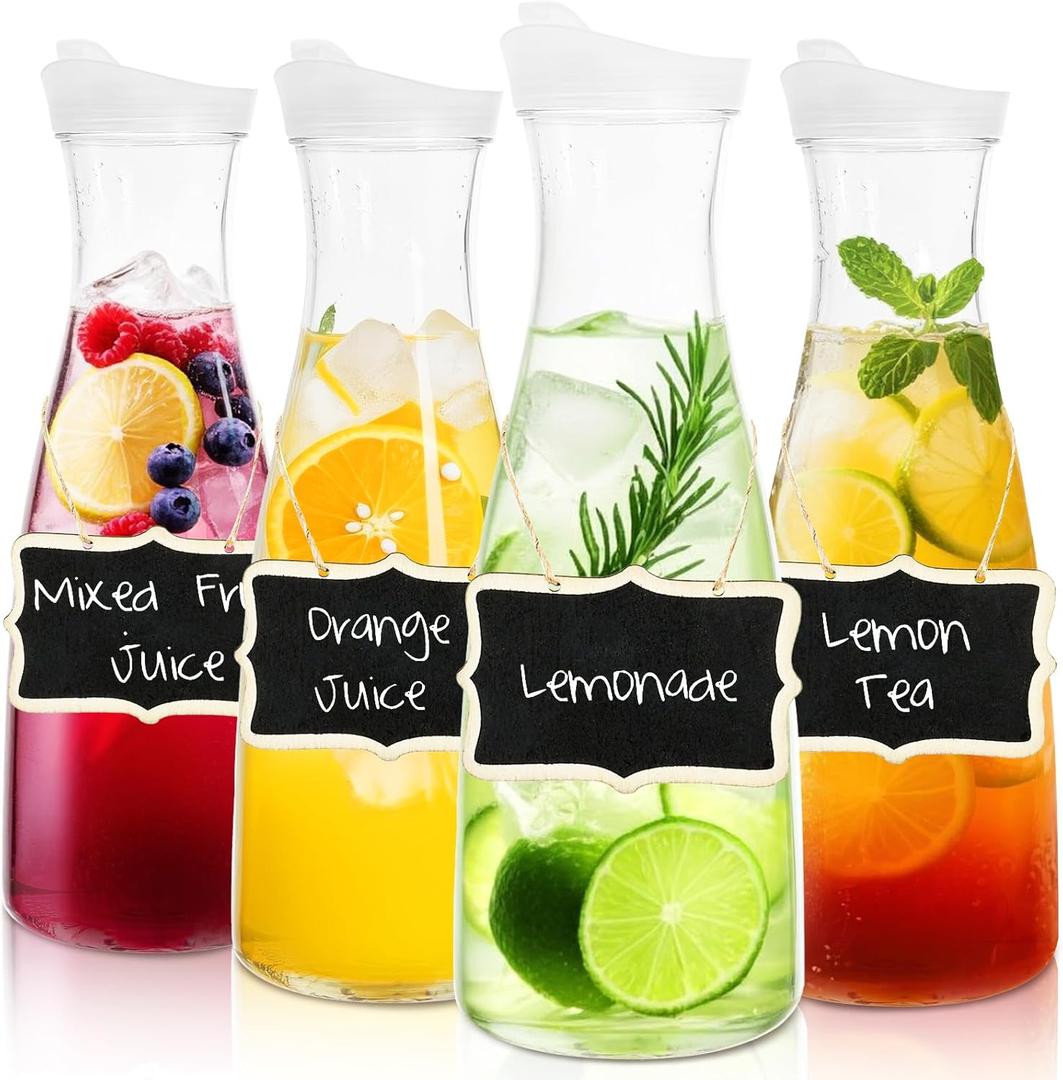 Jucoan 4 Pack 50 oz Plastic Juice Carafe with Lids for Mimosa Bar, Brunch, Clear Water Carafes with Flip Top Lid, Narrow Neck for Iced Tea, Beverage, Milk, Cold Brew, Lemonade, Mimosa Bar Supplies
