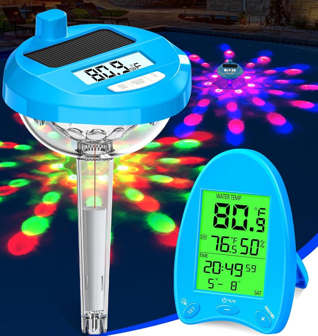 Pircaath 2025 Solar Wireless Pool Thermometer | Dynamic LED Light Show & Dual Backlit Display - Easy Read, 650FT Wireless Transmission | Floating Pool Water Temperature Gauge for Pools & Spas