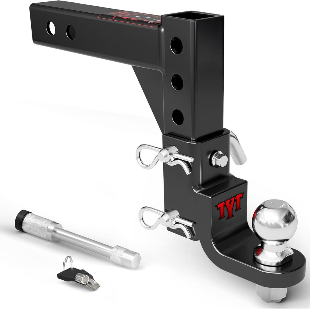 TYT Adjustable Trailer Hitch Ball Mount, 2" Towing Ball 7500 LBS, 9-1/2" Drop and 8-1/4" Rise, Fits 2-in Receiver with 2 Pin&Clips and 5/8" Premium Pin Lock for Heavy Duty Truck
