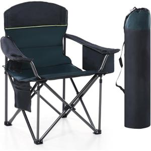Camping Folding Chair, Heavy Duty Oversized Portable Outdoor Chair, Foldable Camp Chair with Cup Holder and Cooler Bag Support 450 LBS, Green (Single Pack)