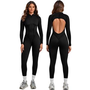 ABOCIW Womens Zipper Long Long Sleeve Workout Jumpsuit Contouring Seams Backless Bodysuit Yoga Rompers Catsuit (8-10, Black)