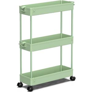 SPACEKEEPER Slim Rolling Storage Cart, 3 Tier Bathroom Organizer Utility Cart Laundry Room Organization Mobile Shelving Unit for Kitchen, Bathroom, Office, Bedroom, Narrow Places, Green