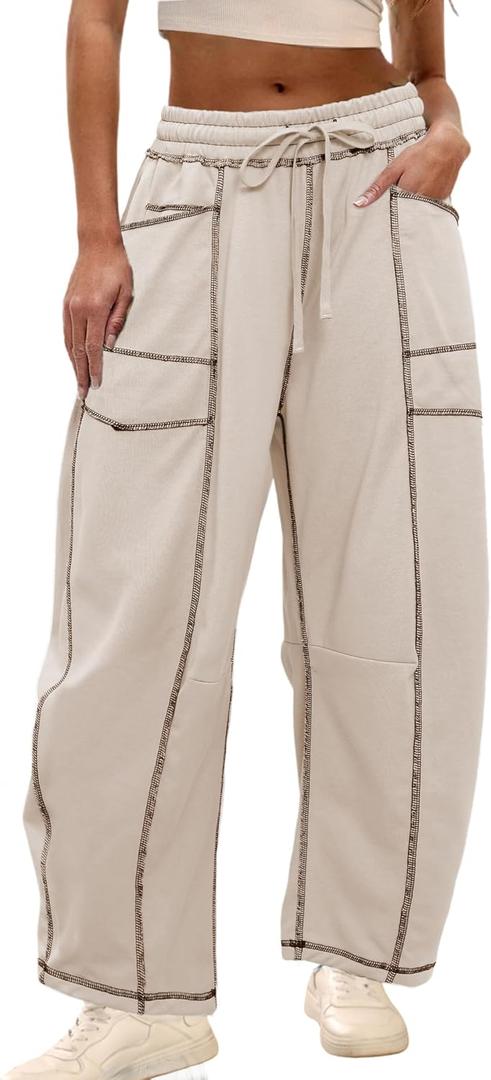 Athlisan Womens Baggy Barrel Pants Wide Leg Lounge Drawstring Sweatpants with Pockets (Beige, S)