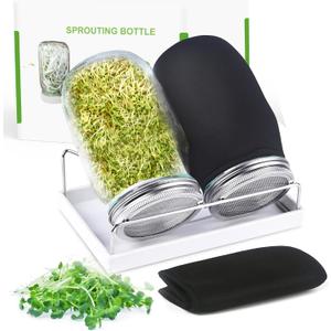 Organic Seed Sprouting Jar Kit 2 32 oz Wide-Mouth Mason Jars with Stainless-Steel Sprouter Lids & Stand, Blackout Sleeves, Drain Tray Grow Broccoli, Alfalfa & Bean Microgreens