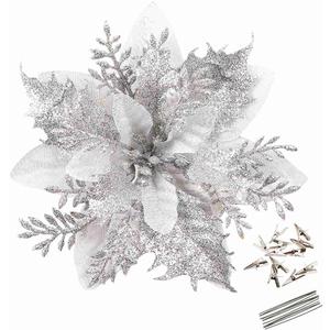 GREENTIME 12 Pcs Glitter Poinsettia 5.5" Artificial Flowers Christmas with Clips Stems Xmas Tree Ornaments for New Year Party Stairs Fireplace Porch Balcony Garden Church Wreath Decoration (Silver)