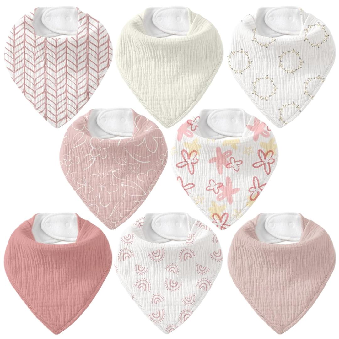 Muslin Baby Bibs 8 Pack, Baby Bandana Drool Bib for Drooling and Teething, Cotton Soft Absorbent for Girls Boys Spring Impression (Pink Floral)