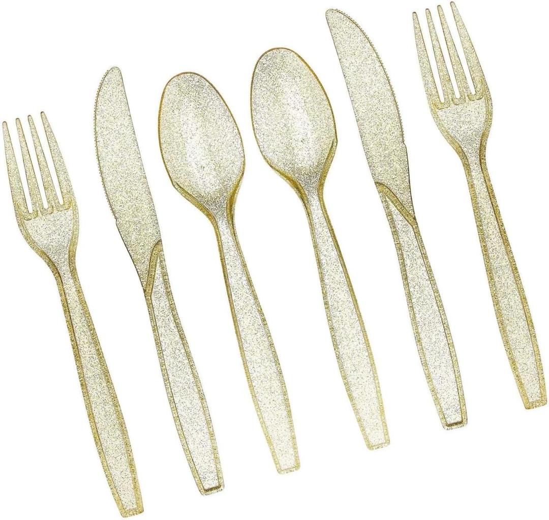 Prestee 180 Gold Glitter Plastic Silverware Cutlery Set - Gold Plastic Silverware Disposable Flatware with 60 Forks, 60 Spoons, 60 Knives - Suitable for Parties, Fancy Party Utensils Prestee 180 Gold Glitter Plastic Silverware Cutlery Set - Gold Plastic Silverware Disposable Flatware with 60 Forks, 60 Spoons, 60 Knives - Suitable for Parties, Fancy Party Utensils