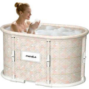 Portable Bathtub, Foldable Bathtub No Installation, Freestanding Shower Bathtubs with Cushion, Collapsible SPA Soaking Bath Tub, Hot & Ice Bath Tub for Indoor Outdoor (Pink White Grid)