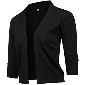 URRU Women's Classic 3/4 Sleeve Open Front Cropped Cardigan Sweater Lightweight Knit Short Shrugs,L
