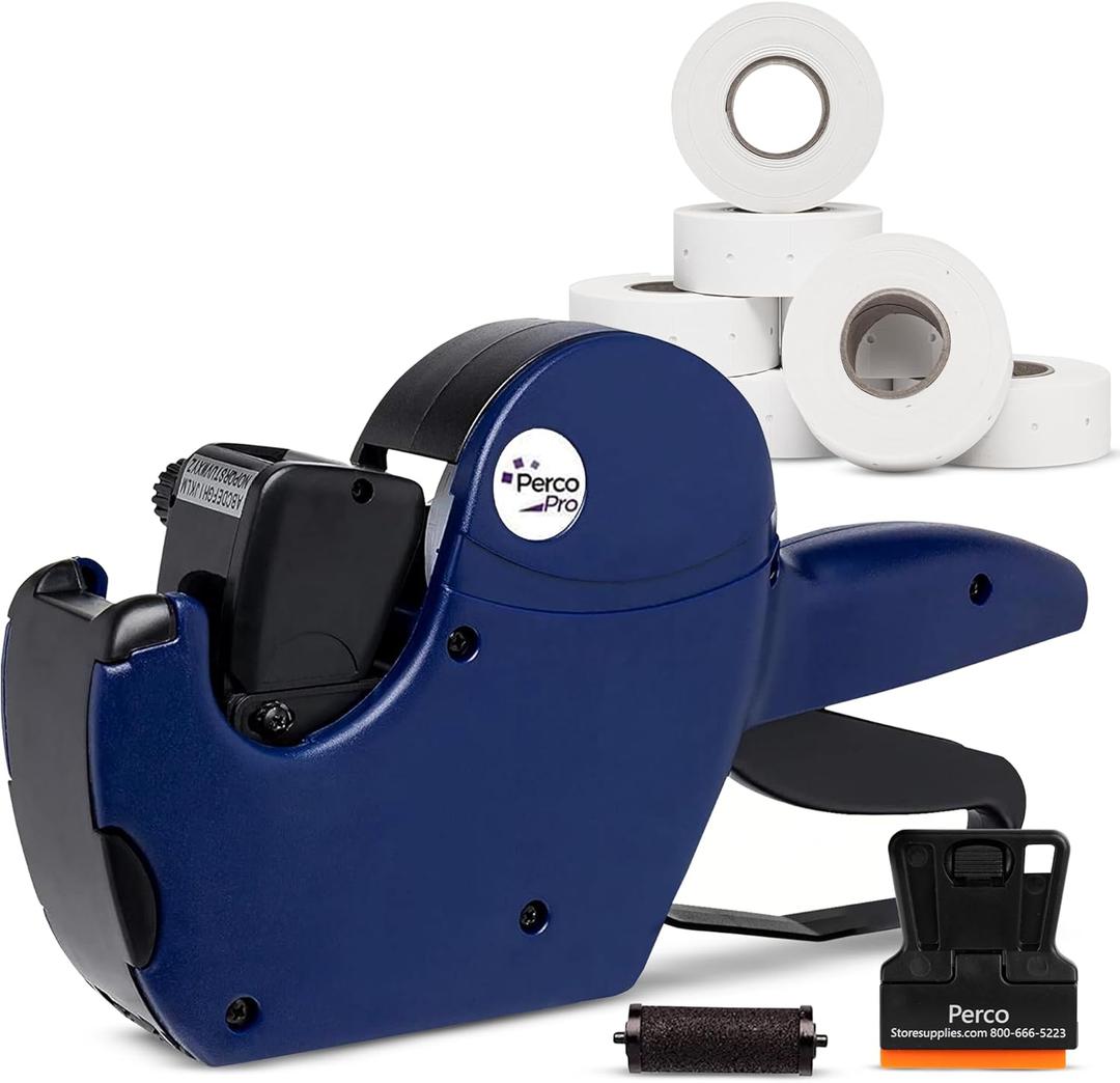 Perco Pro 2 Line Date Gun Labeler Kit, Includes 16 Digits Label Gun, 10,500 White Labels, Inker Remover Tool, and Pre-Loaded Ink Roll