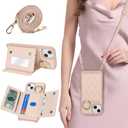 for iPhone 15 Plus Case with Card Holder and Strap for Women,Crossbody Lanyard, Make Up Mirror,Ring Stand,Snap Clasp,Cute Phone Wallet Cases 6.7 inch - Rose Gold