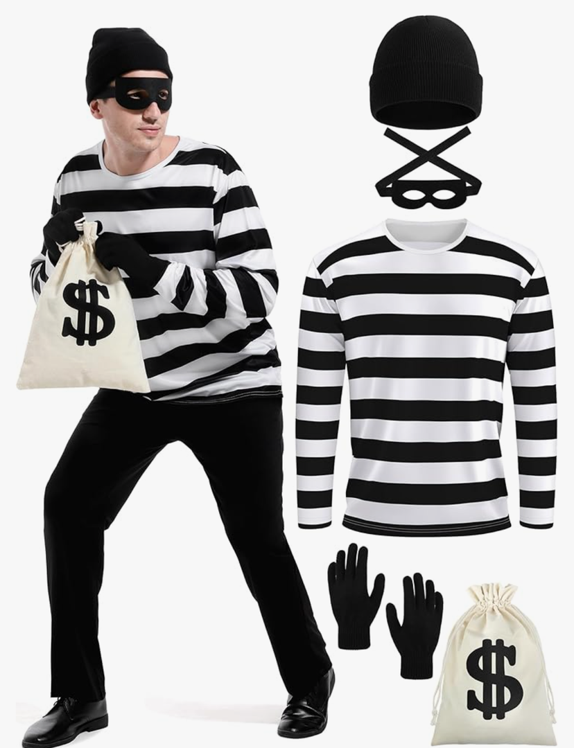 5 Pieces Halloween Costume Set, Men's Robber Costume Halloween Cosplay Burglar Accessories Striped Shirt for Adult Size XL