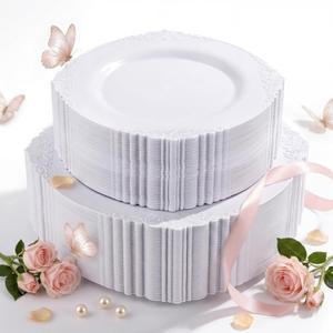 Morejoy 100PCS White Plastic Plates，White Disposable Plates，Include 50 Pieces 10.25 Inch Dinner Plates & 50Pieces 7.5 Inch Dessert Plates,Perfect for Weddings & Party