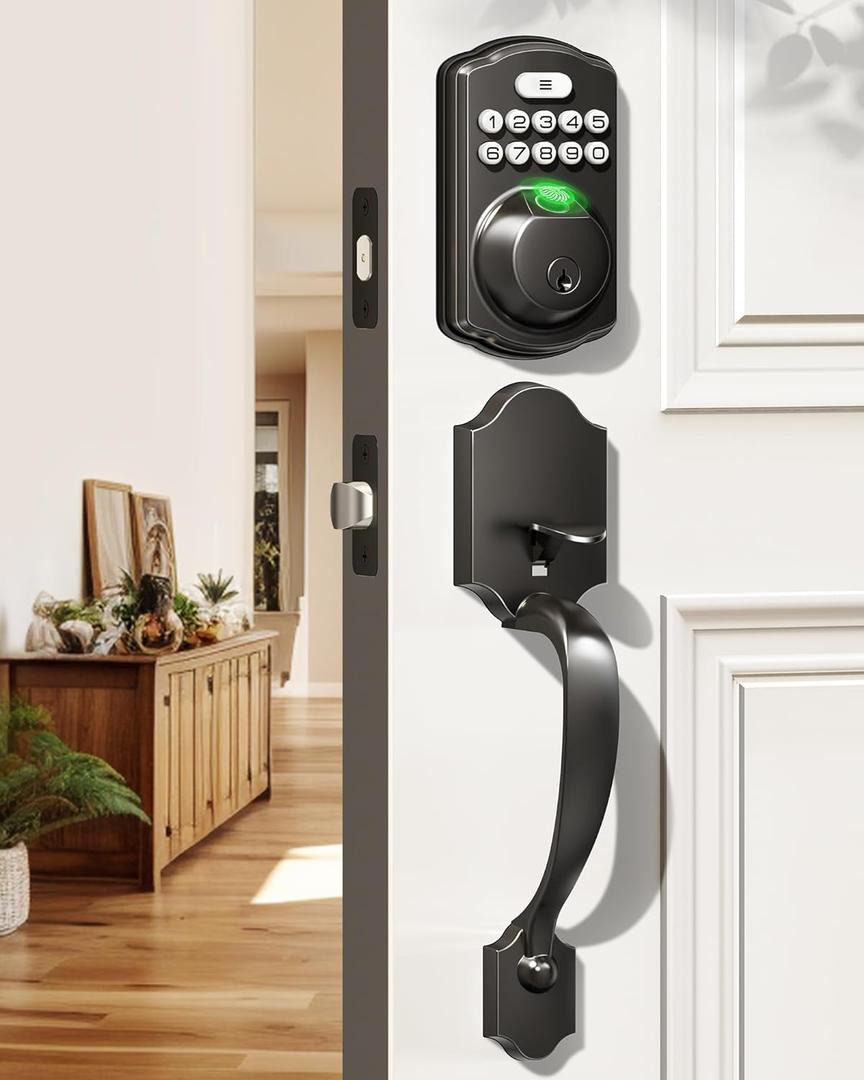 Veise Fingerprint Door Lock Set, Keyless Entry Door Lock, Front Handle Set, Electronic Keypad Deadbolt with Lever Handle, 2 Keys, Auto-Locking, One-time Codes, Easy to Install, Matte Black (Matte Black)