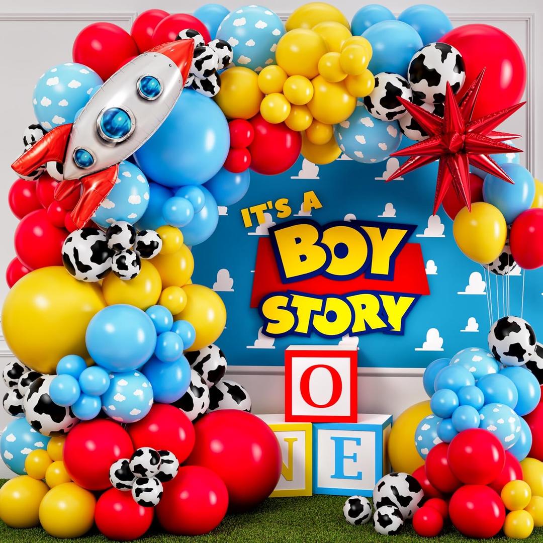 ALL-IN-1 Toy Story Balloons Arch Kit for It's A Boy Story Baby Shower Decorations Theme  Toy Story Balloon Garland Kit with Cloud & Cow Toy Story Balloons for First Toy Story Birthday Party Supplies (Red, Yellow, Light Blue, Cow, Cloud)