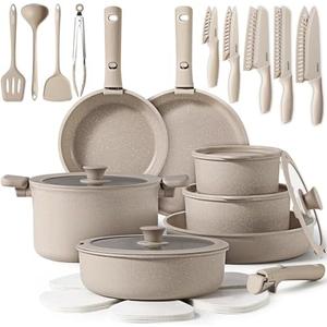 CAROTE Pots and Pans Set Non Stick, Cookware Set, Removable Handle Pots and Pans Nonstick, RV Oven Safe Cookware, Induction Kitchen Cookware Set, Knife Set, Taupe