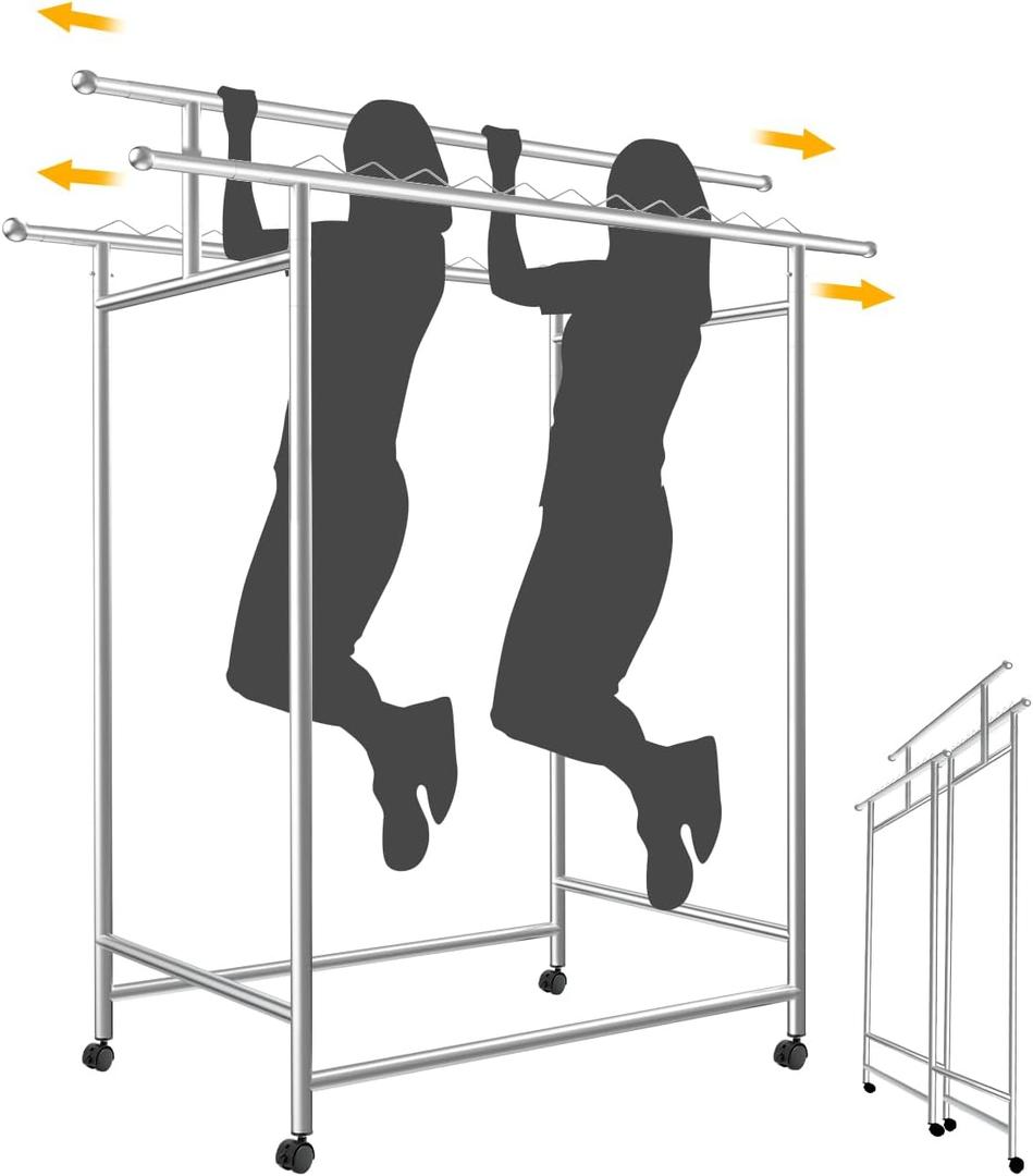 SAN LIKE Garment Rack with Wheels, Heavy Duty Load 550 lbs 3-Rod Standing Clothing Rack 3.8' to 6.4' Extendable Metal Clothes Rack, Portable Foldable Drying Rack for Clothes, Quilt, Comforter, Blanket
