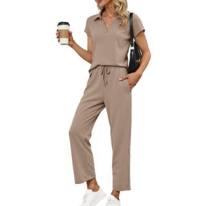 Glamaker Womens 2 Piece Summer Outfit Lounge Set Cap Sleeve Polo Top And Pant Set Tracksuit Travel Matching Outfit 2026 (Brown, S)