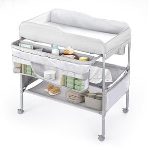 Portable Baby Changing Table, Foldable Diaper Changing Station with Waterproof Pad, Mobile Nursery Organizer for Infant & Newborn Essentials, Grey