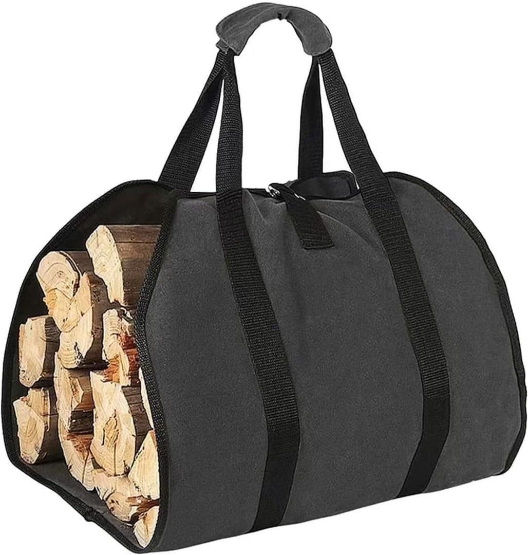 Heavy-Duty Waxed Canvas Firewood Carrier Bag  Large Log Tote with Handles for Easy Transport (1, Black)